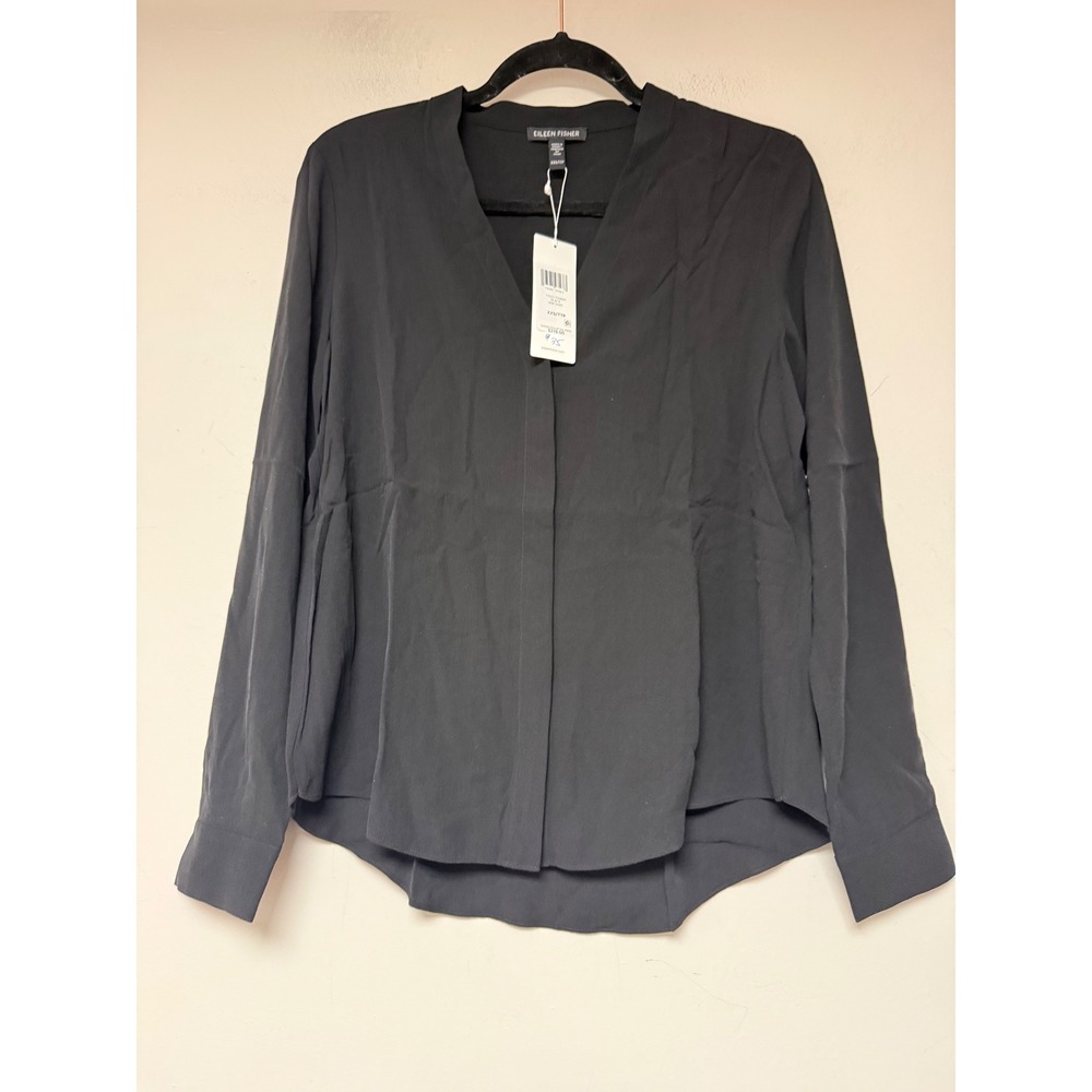 EILEEN‎ FISHER Black 100% Silk V-Neck Shirt Top XXS TTP New With Tags